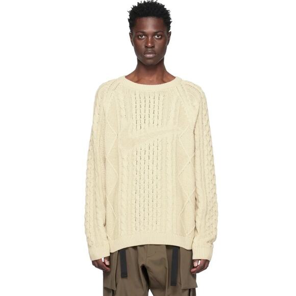 Nike Life Cable Knit Men’s Size Small Sweater Wool Blend Loose Fit Swoosh Cream - Picture 1 of 10